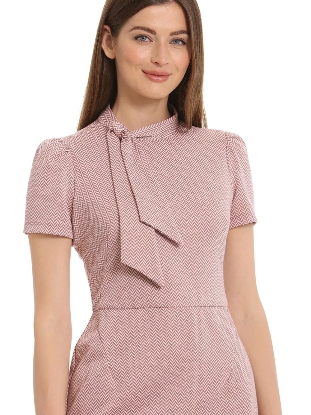 Maggy London Women's Women's Dresses Midi Short Sleeve Sheath with Neck Tie Care